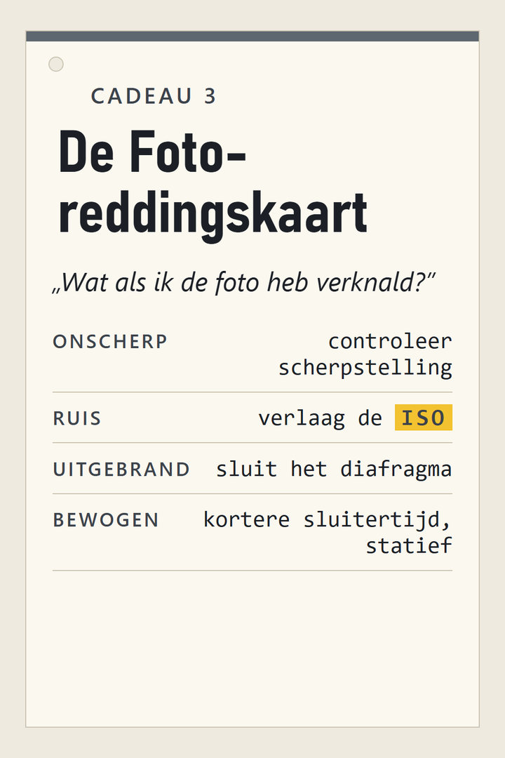Cadeau 3: De Fotoreddingskaart – een pagina voor in de cameratas: onscherp, ruis, uitgebrand, de camera bewoog, en wat je moet aanpassen
