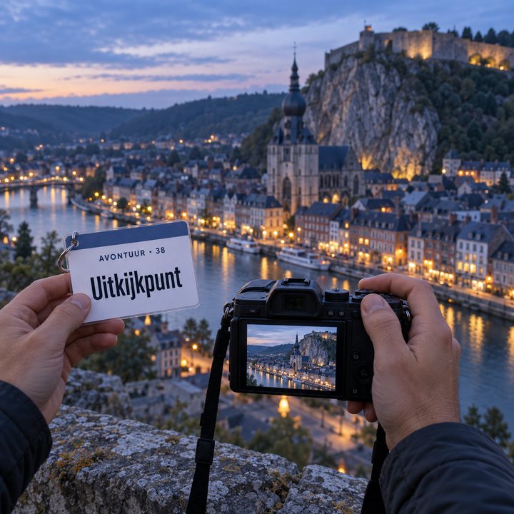Handen met een camera op de citadel van Dinant na zonsondergang, met uitzicht over de Maas; in de andere hand de Uitkijkpunt-kaart