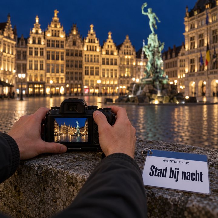 Handen die een camera steunen op een muurtje aan de Grote Markt van Antwerpen, met de verlichte gildehuizen, naast de kaart Stad bij nacht
