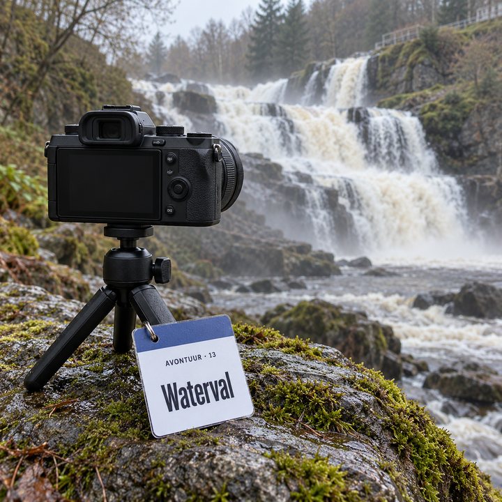 Een camera op een mini-statief naast de waterval van Coo bij Stavelot, met de Waterval-kaart tegen de statiefpoot