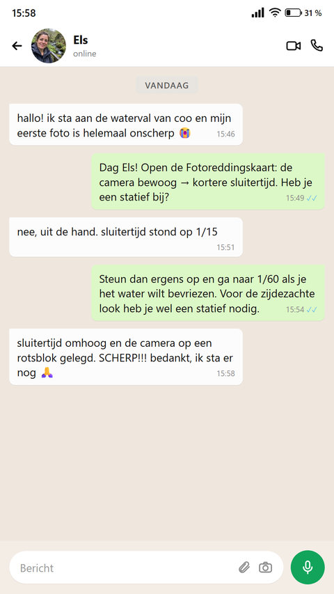Iemand schrijft dat ze dankzij de Fotoreddingskaart een onscherpe foto ter plekke redde