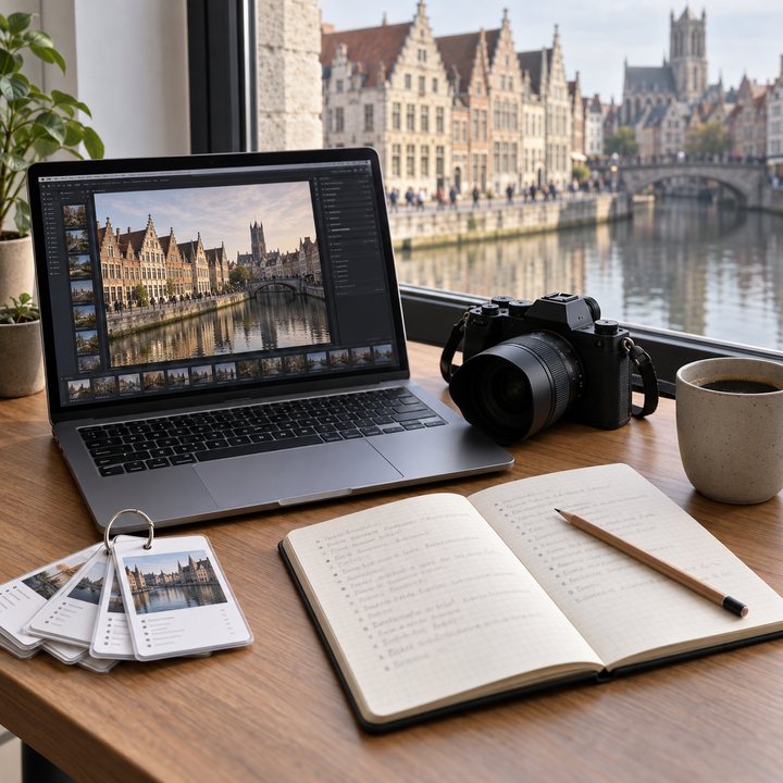 Het bureau van Folio Studio: laptop, kaarten aan een sleutelring, camera en notitieboek