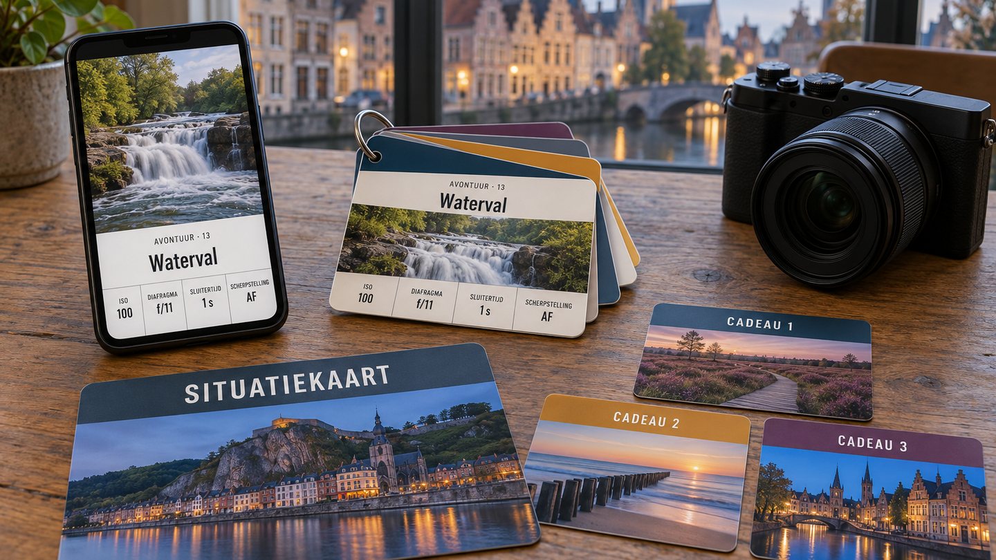 De hele set op een tafel: een telefoon met een kaart erop, 129 kaarten, de Situatiekaart en 3 cadeaus naast een camera
