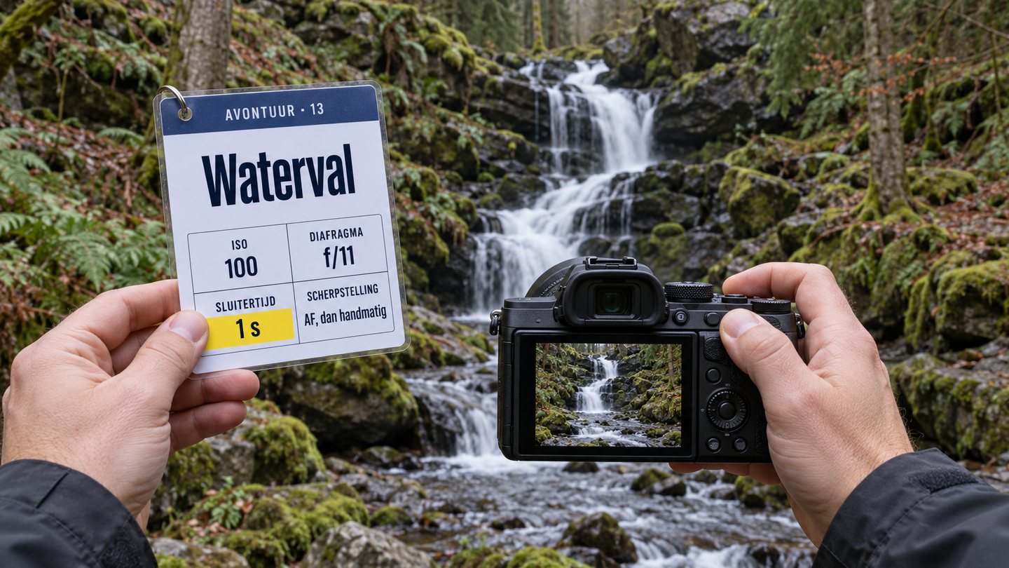 Handen met een camera voor een waterval in de Ardennen, met in de andere hand een Waterval-kaart met vier getallen