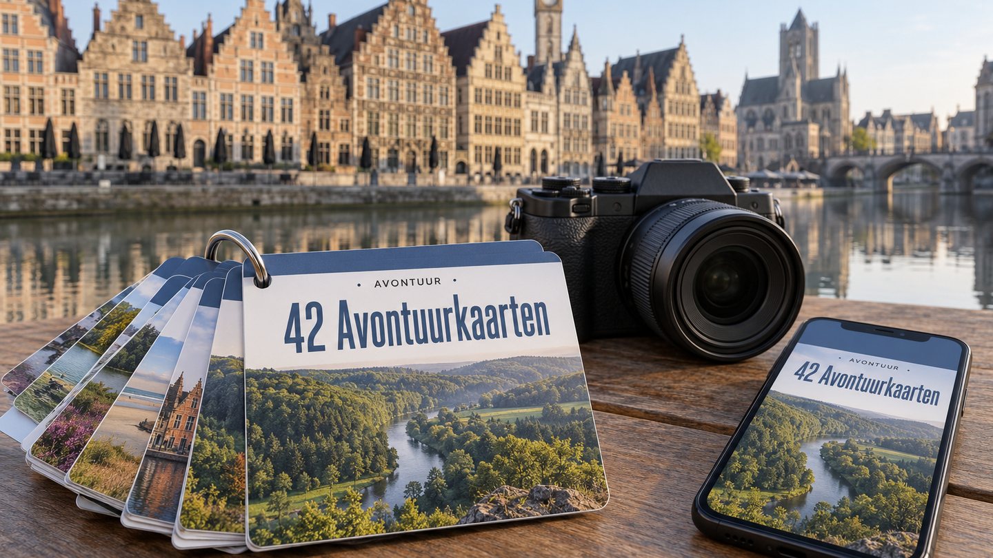 42 Avontuurkaarten: geplastificeerde kaartjes aan een sleutelring naast een camera en een telefoon met een kaart erop