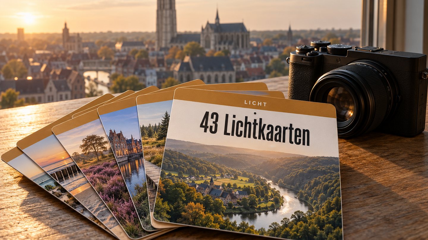 43 Lichtkaarten: een waaier van kaarten over licht op tafel naast een camera