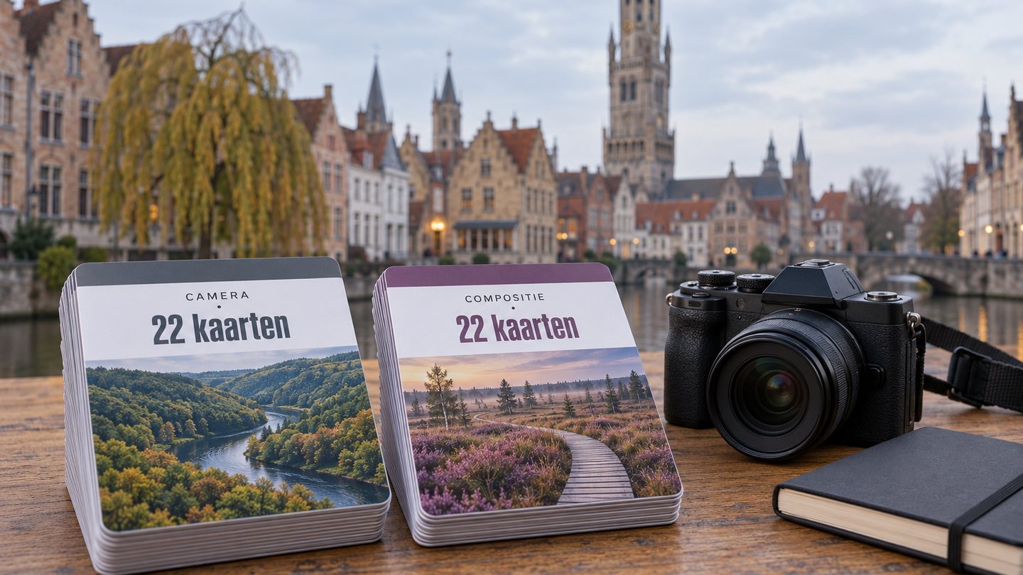 44 Camera- en Compositiekaarten: twee stapels kaarten over camera en compositie op tafel